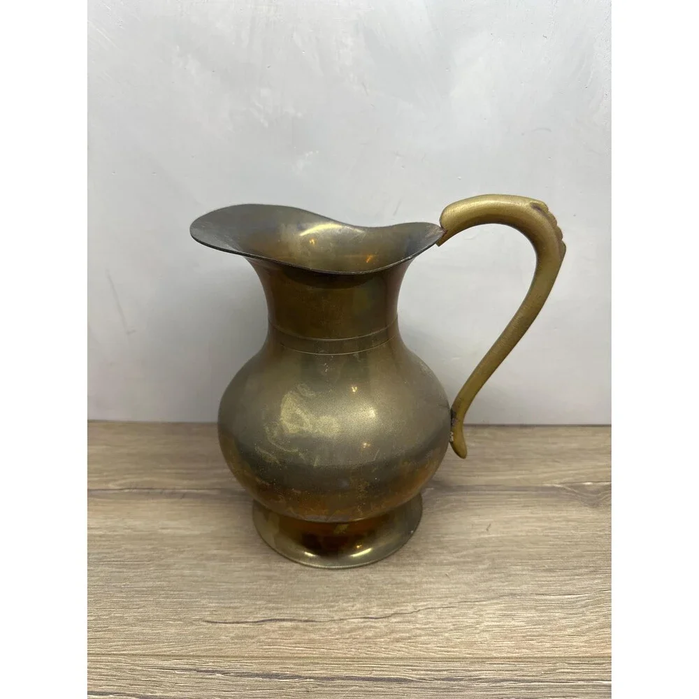 Vintage Aged Solid Brass Pitcher Cast Handle Patina Rustic Decor Vase